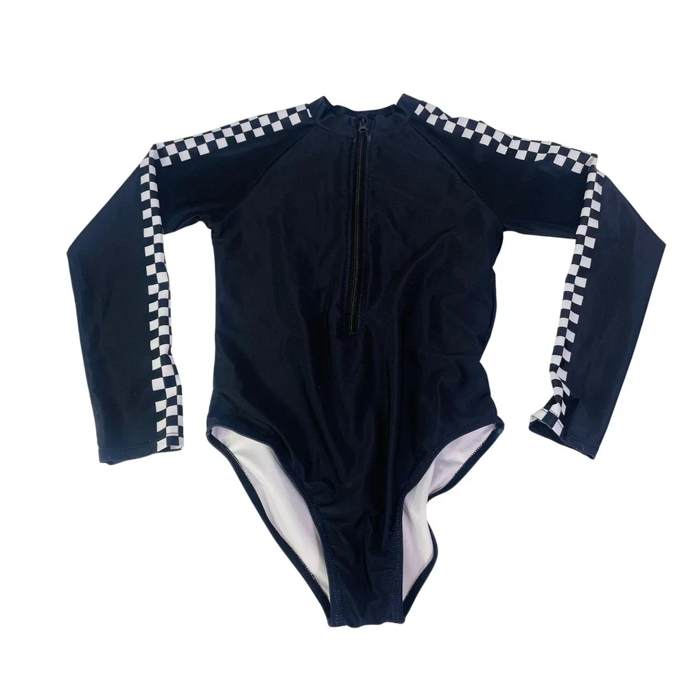 Lot of 2 Long Sleeve Swimsuit Rash‎ Guard Girls Sz 12 One Piece Checkerboard